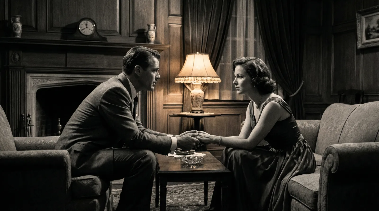 经典伦理电影剧照 - 人物在昏暗灯光下的对峙场景