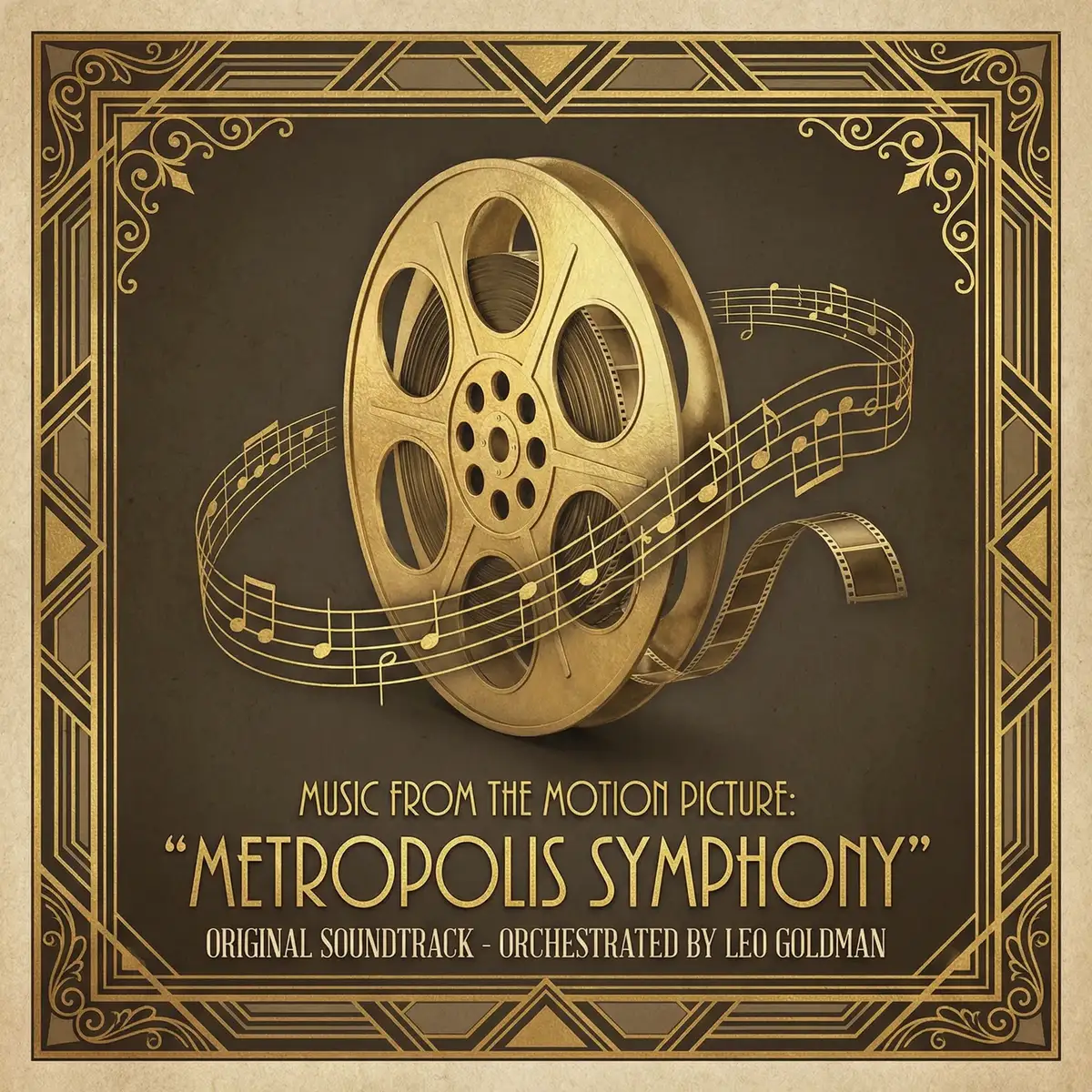 经典电影原声唱片封面 - 金色胶片与音符交织的艺术装饰风格